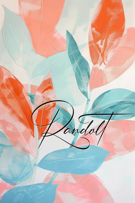 Abstract design featuring overlapping blue and coral leaves with cursive text 'Randall' overlaying the center.