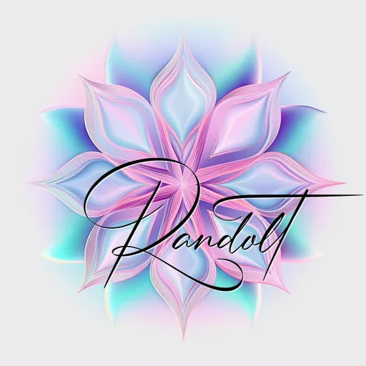 Colorful mandala design with vibrant purple, pink, and blue hues, featuring elegant calligraphy of the word 'Randolt' in the center.