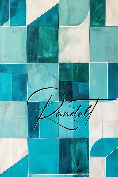 Abstract geometric painting with various shades of blue, green, and white squares and curves, overlaid with handwritten text 'Randolt'.