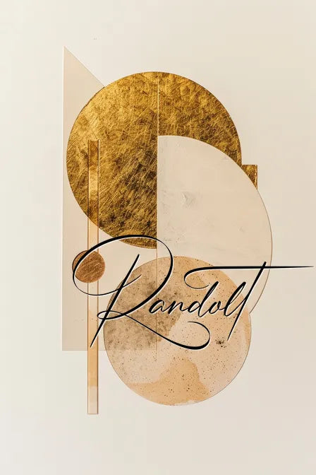 Abstract design with overlapping geometric shapes in gold and beige tones, featuring circles, rectangles, and a handwritten script text reading 'Randolt'.