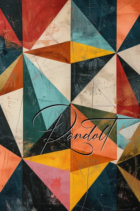 Modern abstract geometric artwork with colorful triangles and squares in vivid hues of red, orange, teal, yellow, and black. Centered stylized script text reading 'Randolf'.