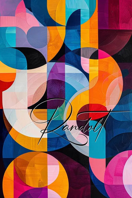 Abstract geometric painting with overlapping circles and curved shapes in vibrant colors including blue, purple, orange, and yellow. The word 'Randott' is elegantly written across the center.