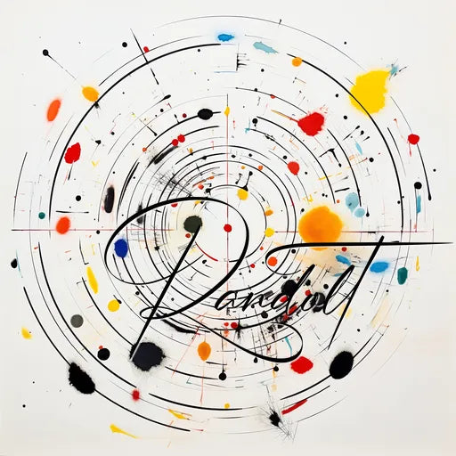 Abstract artwork featuring concentric black circles with colorful splatters in red, yellow, blue, and orange on a white background. The word 'Rachel' is written in elegant script across the design.