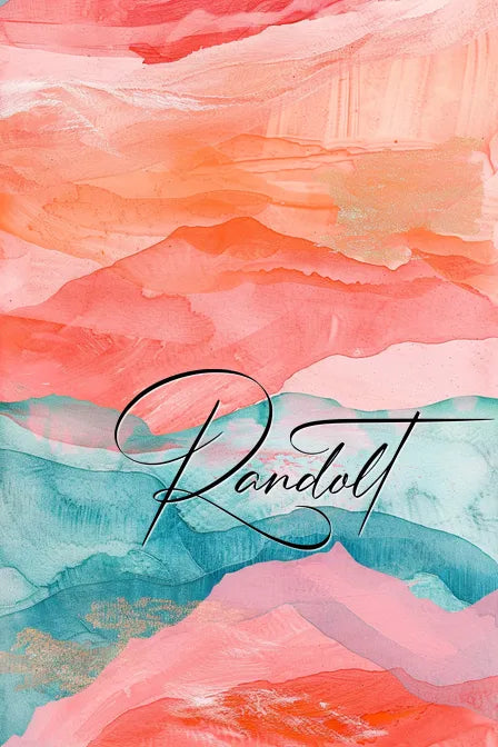 Abstract painting with layered hues of pink, red, orange, and teal, featuring the cursive text 'Randolt' in the center.