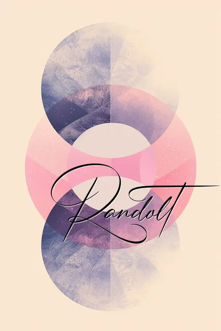 Abstract design featuring two overlapping circles with textured patterns in blue and pink hues, and the word 'Randolt' in elegant black script font.