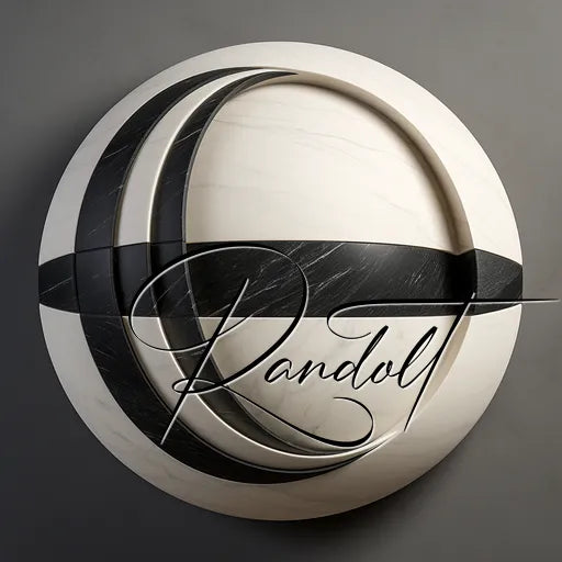 Stylized circular design with interlocking black and white curved segments and the word 'Randolt' in elegant cursive.