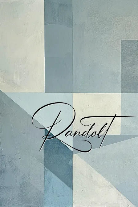 Geometric abstract painting with various shades of blue and grey, featuring overlapping rectangles and triangles, with the word 'Randolt' written in elegant script.