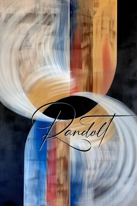 Abstract painting with intersecting curved shapes in blue, white, red, and tan on a dark background, featuring the word 'Randolt' in cursive.