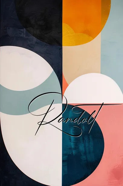 Abstract geometric painting featuring overlapping shapes in black, orange, white, teal, and pink with the word 'RandolT' in cursive.