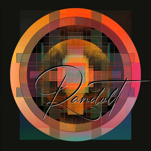 Abstract digital artwork featuring a central circular geometric design with multicolored gradients. The name 'Randoll' is written in cursive script across the center.