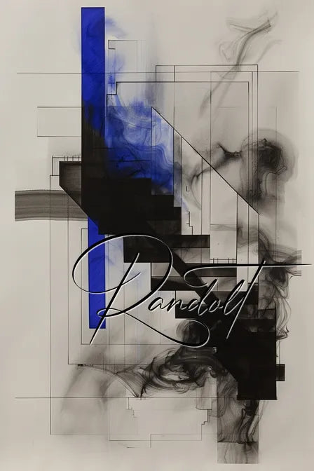 Abstract geometric design featuring black and blue rectangular shapes, with smoky black and blue wisps, and the word 'Randolt' overlaid in a cursive font.