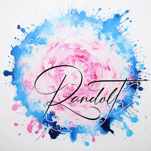 Abstract painting with a blue and pink splash background, featuring a central circular pattern and cursive text 'Randolt' in the middle.