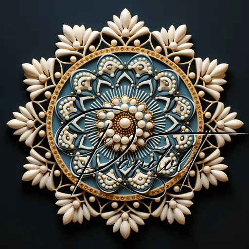 Intricate mandala design with a circular pattern of blue and white floral motifs, set on a dark background.