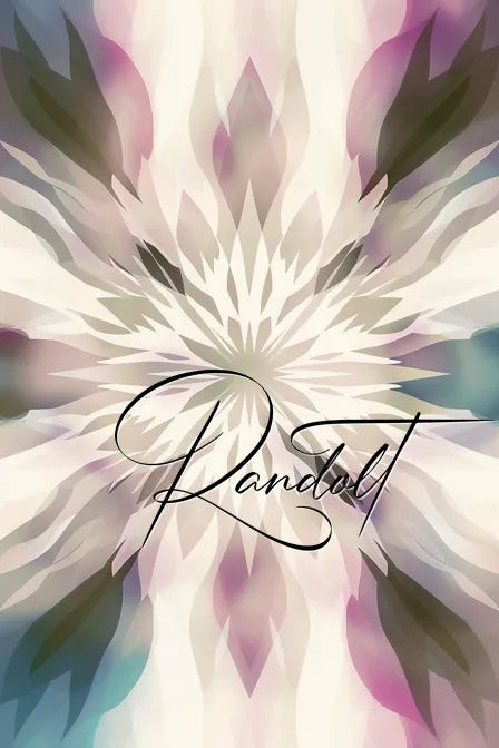 Abstract floral design with multicolored petals in shades of purple, pink, green, and blue, featuring the word 'Randolt' in elegant black cursive font in the center.