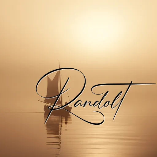 Silhouette of a sailboat on calm water at sunset, with large cursive text 'Randolt' overlaying the image.