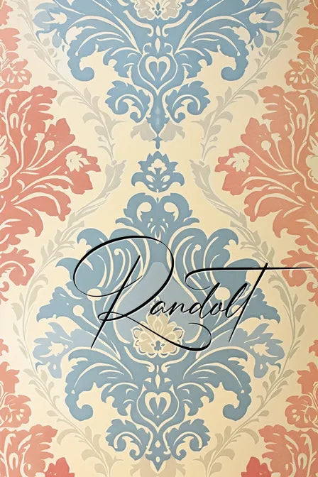 Elegant wallpaper design featuring intricate floral patterns in blue and red on a beige background with the word 'Randolt' in cursive.