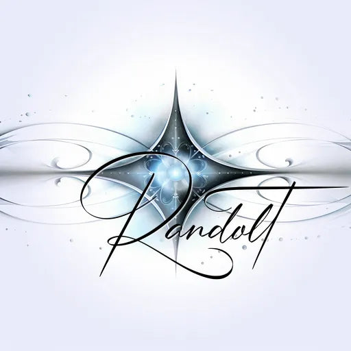 Elegant, abstract design with symmetrical, curved lines and a glowing blue center, featuring the text 'Randolt' in stylish script.