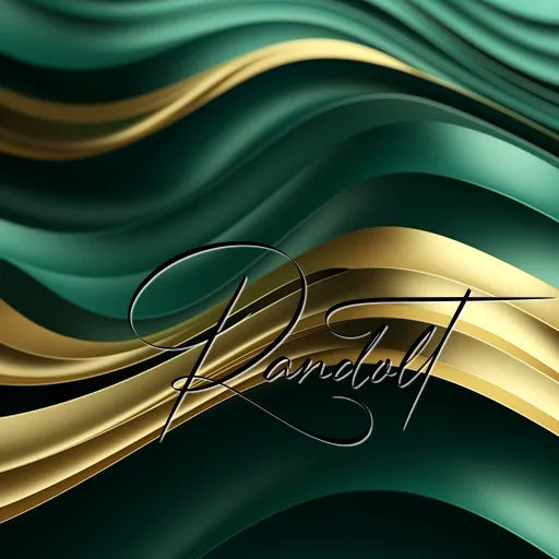 Abstract design with green and gold wavy patterns, featuring the word 'Randolt' in elegant cursive font.