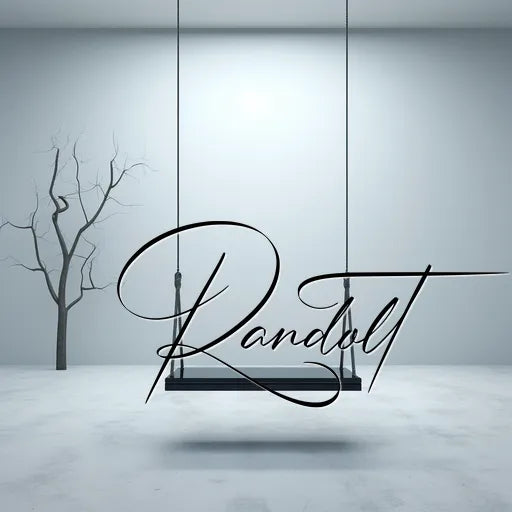 Minimalist interior design featuring a black swing suspended from the ceiling, placed in front of a bare tree against a white background. The word 'Randolt' is scripted elegantly on the swing.