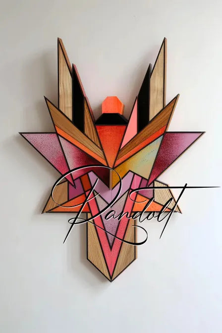 Geometric wall art with sharp, angular shapes in wood and vibrant colors such as purple, orange, and red, assembled in a layered design.