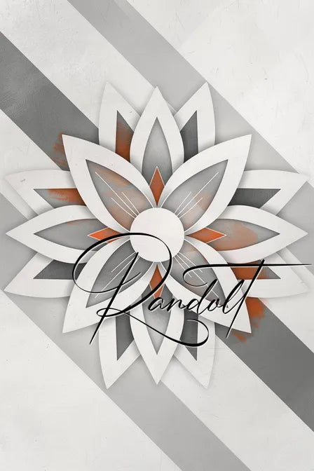 Modern geometric floral design with overlapping white petals and a central circle, featuring orange accents and a diagonal gray stripe background. Stylized text overlay reads 'Randolt' in elegant script.