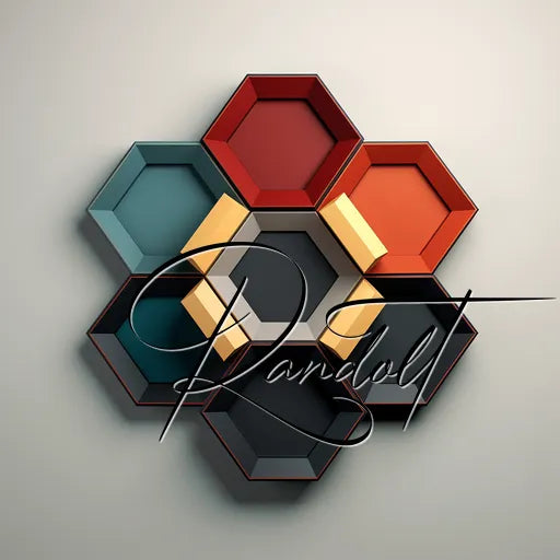 Hexagonal shelves in various colors forming a flower-like pattern, with a stylized signature 'Randolf' overlaying the design.