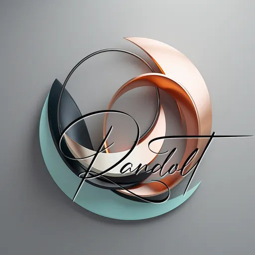 Abstract design featuring intertwined metallic and pastel-colored 3D shapes with cursive text 'Randoll' overlaying them.