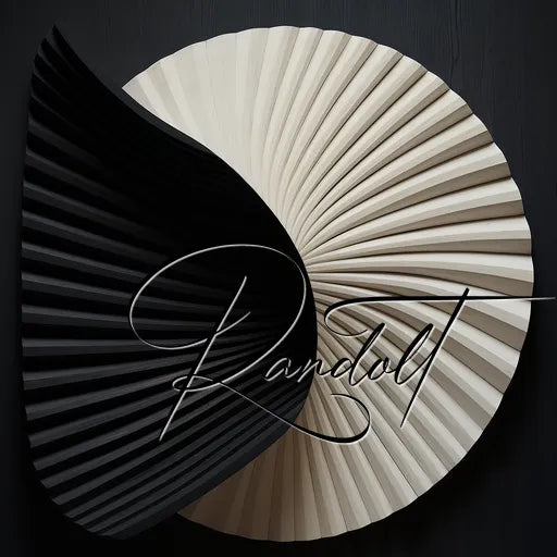 Abstract artwork featuring a circular pattern split into black and cream-colored segments, with cursive text 'Randolt' overlaid.