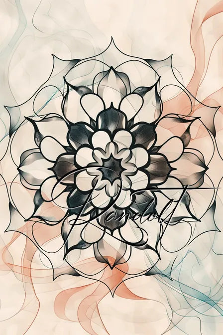 Intricate black mandala design with floral motifs on a light background. Soft blue, peach, and green wisps surround the design.