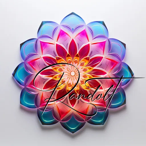 Colorful mandala design with overlapping petal shapes in hues of blue, pink, purple, and red, featuring the word 'Randoll' over the center.