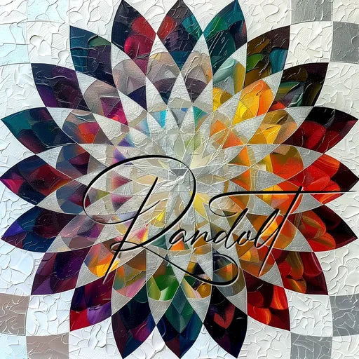 Intricate mandala design with overlapping colorful petal shapes and textured white background.