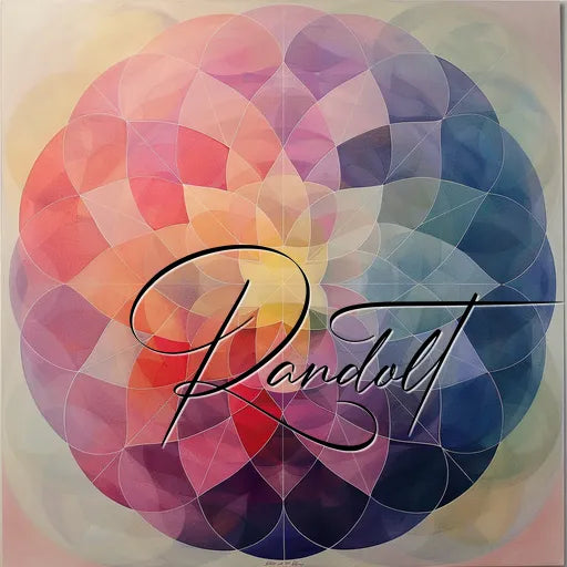 Abstract geometric design featuring overlapping circular patterns in shades of pink, purple, blue, and yellow with the word 'Randolt' in cursive font overlaying the design.