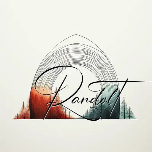 Minimalist design featuring an abstract, geometric representation of a landscape with tree silhouettes and the stylized text 'Randolt' blending into the scenery.