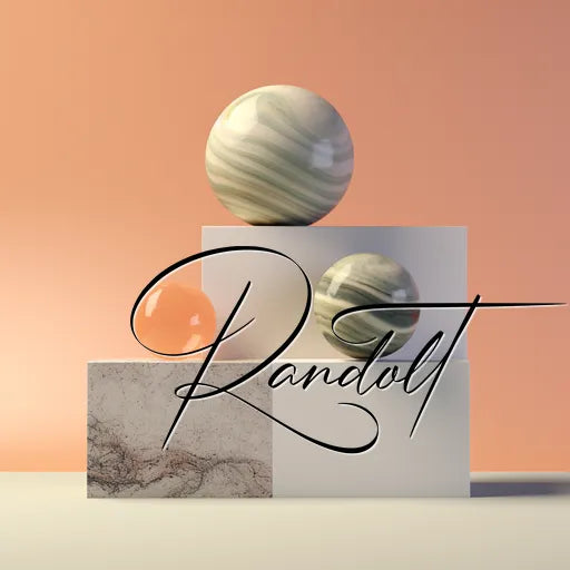 Modern design with geometric shapes, including a marbled sphere, a white sphere, and an orange sphere on a gradient background with the text 'Randolt'.