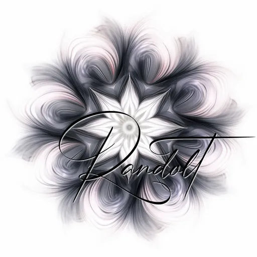 Abstract digital art with a central white flower-like shape surrounded by black, gray, and pink wispy swirls, with the word 'Randolt' in elegant cursive script.