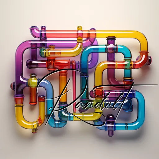 Colorful, interconnected translucent pipes forming an abstract design with the word 'Randall' written in cursive across the image.