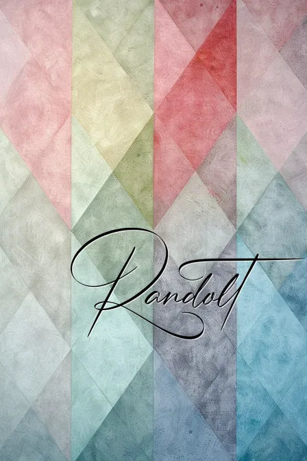 Geometric abstract art with overlapping diamond shapes in pastel colors including pink, green, red, blue, and grey, with the word 'Randolt' written in elegant script over the design.