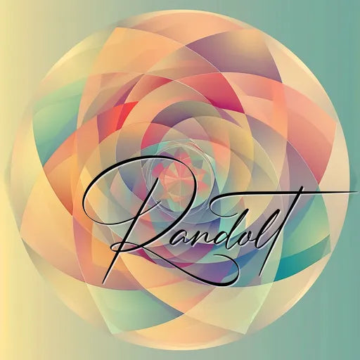 Abstract geometric pattern with overlapping multicolored shapes forming a circular design, featuring the name 'Randolt' in elegant script at the center.