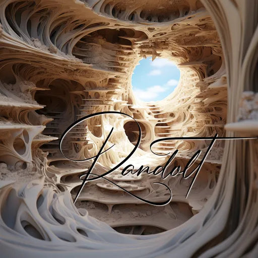 Intricate 3D abstract design resembling a cavernous structure with layers and a circular opening showing blue sky. The signature 'Randolt' is visible within the design.