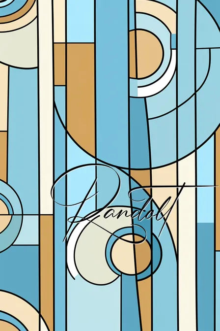 Geometric abstract design with intersecting circles and rectangles in shades of blue, beige, and white. Signature 'Randoli' overlay.