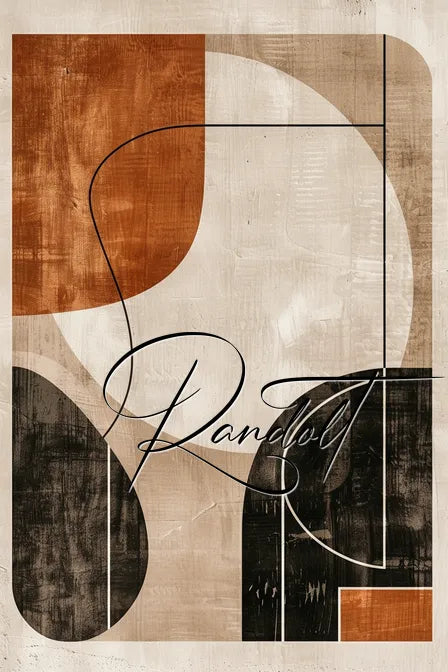 Abstract art piece with geometric shapes in brown, black, and beige tones. Overlaying cursive text reads 'Randolt.'