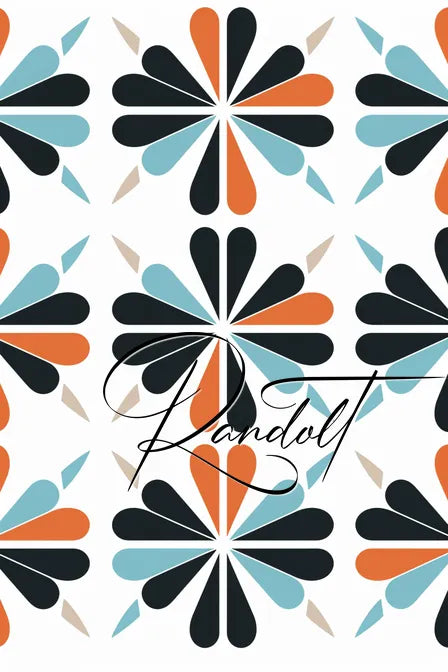 Geometric pattern with black, orange, and blue shapes arranged symmetrically on a white background with the text 'Randolf' in cursive.