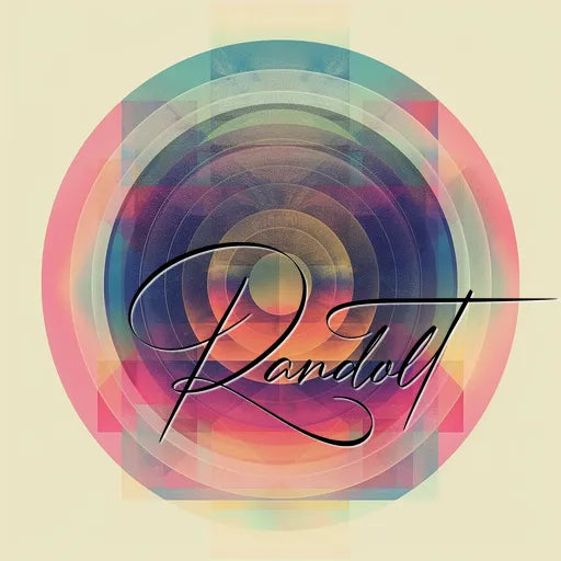 Abstract geometric design with layered colorful circles and a central handwritten script 'Random.' The background is off-white.