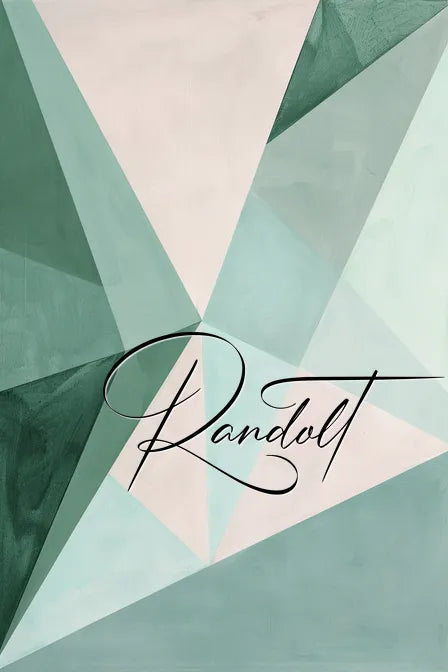 Geometric abstract design featuring green and white triangular shapes with the word 'Randolt' written in elegant cursive font.