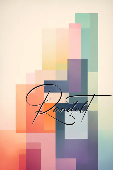 Abstract geometric design with overlapping translucent rectangles in pastel shades of orange, blue, green, and pink, with the word 'Randolt' in elegant cursive script.