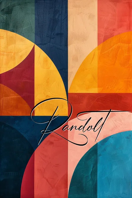 Abstract geometric painting featuring overlapping arcs and rectangles in vibrant colors such as blue, green, yellow, red, and pink with the word 'Randolt' in elegant script.