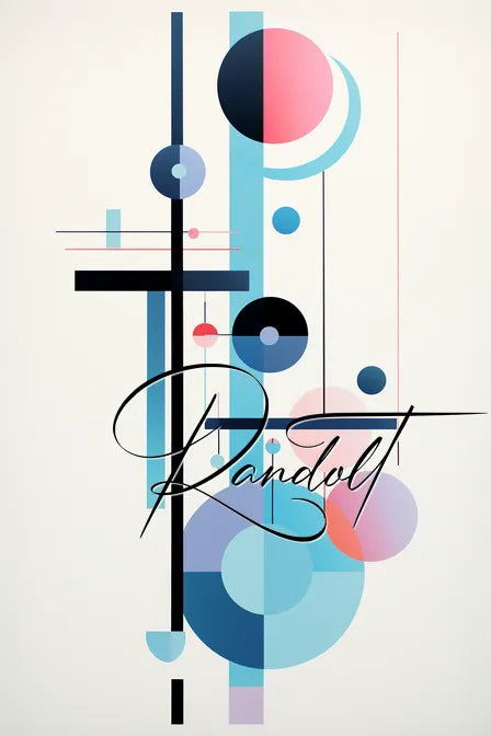 Abstract geometric design with various circles, lines, and rectangles in shades of blue, pink, and black, featuring the text 'Randolt' in cursive script.