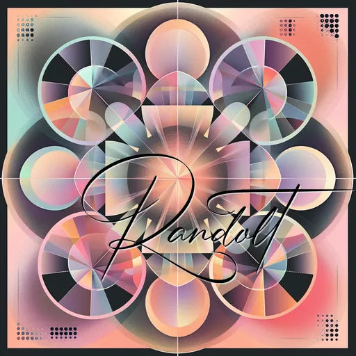 Abstract geometric design featuring overlapping circles and triangles with pastel gradients. Central script text reads 'Randolt'.