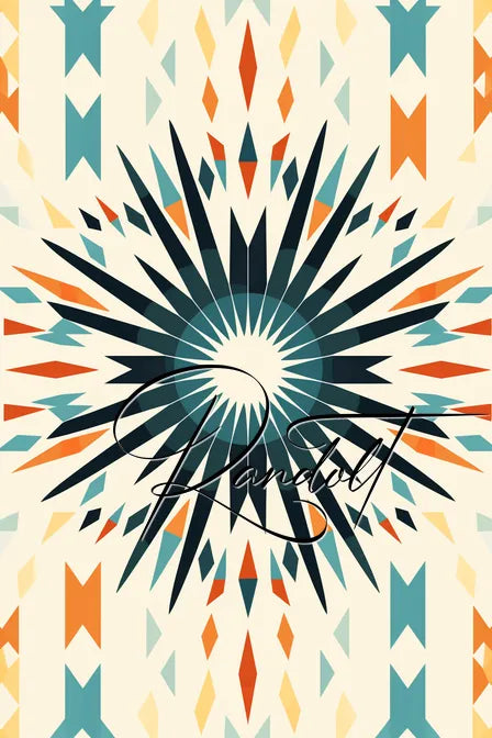 Geometric abstract design with symmetrical starburst pattern in black, teal, orange, and yellow hues. The word 'handcut' is written in cursive across the center.