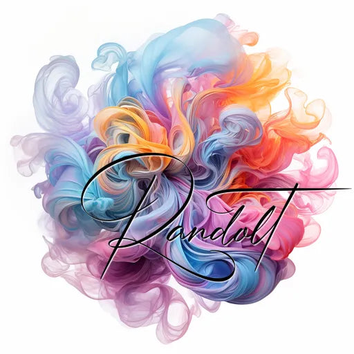 Abstract design with swirling colors of blue, purple, pink, orange, and yellow, with the word 'Randolt' in elegant cursive.